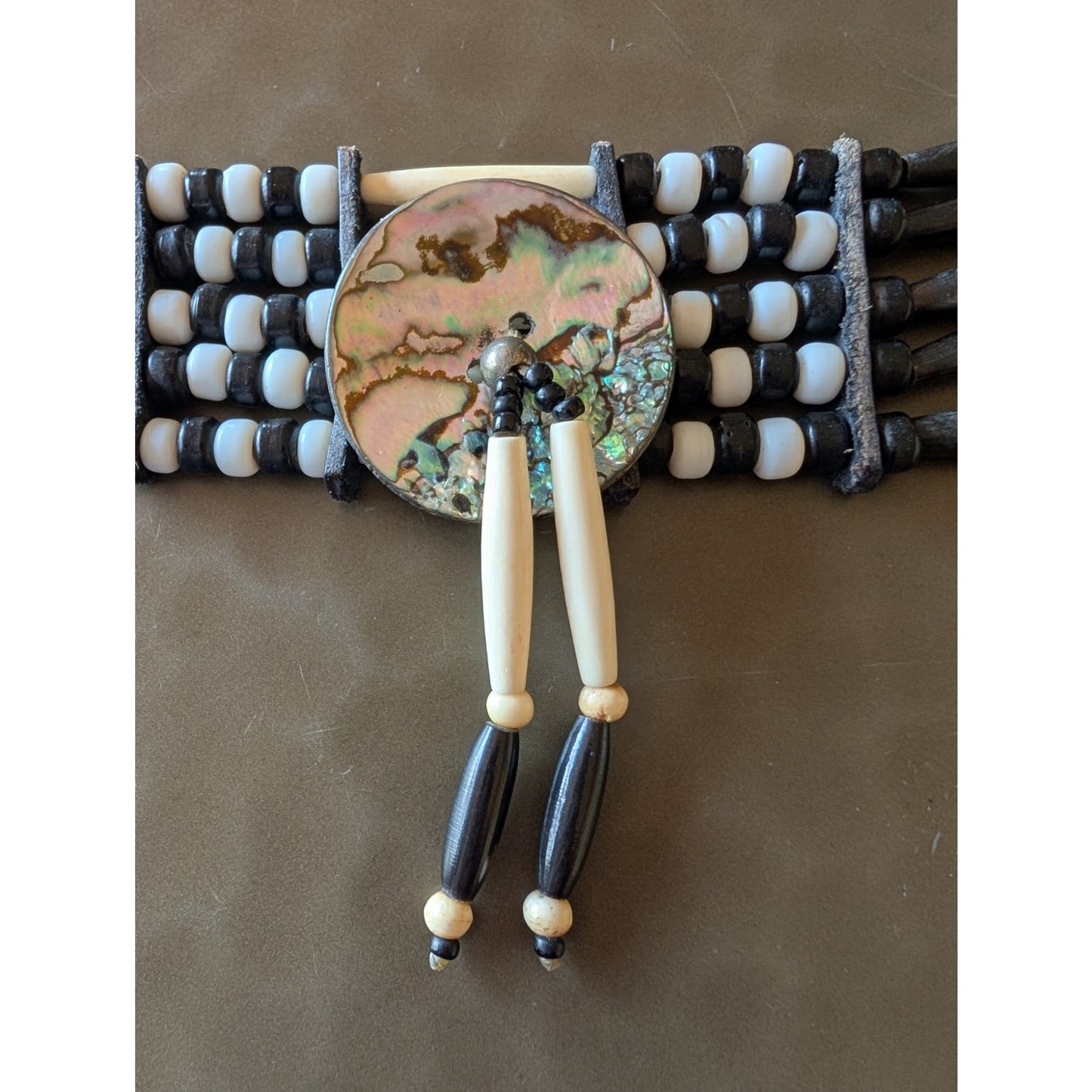 Native American Abalone Disc 5 Strand Bone Hairpipe & Glass Bead Leather Choker