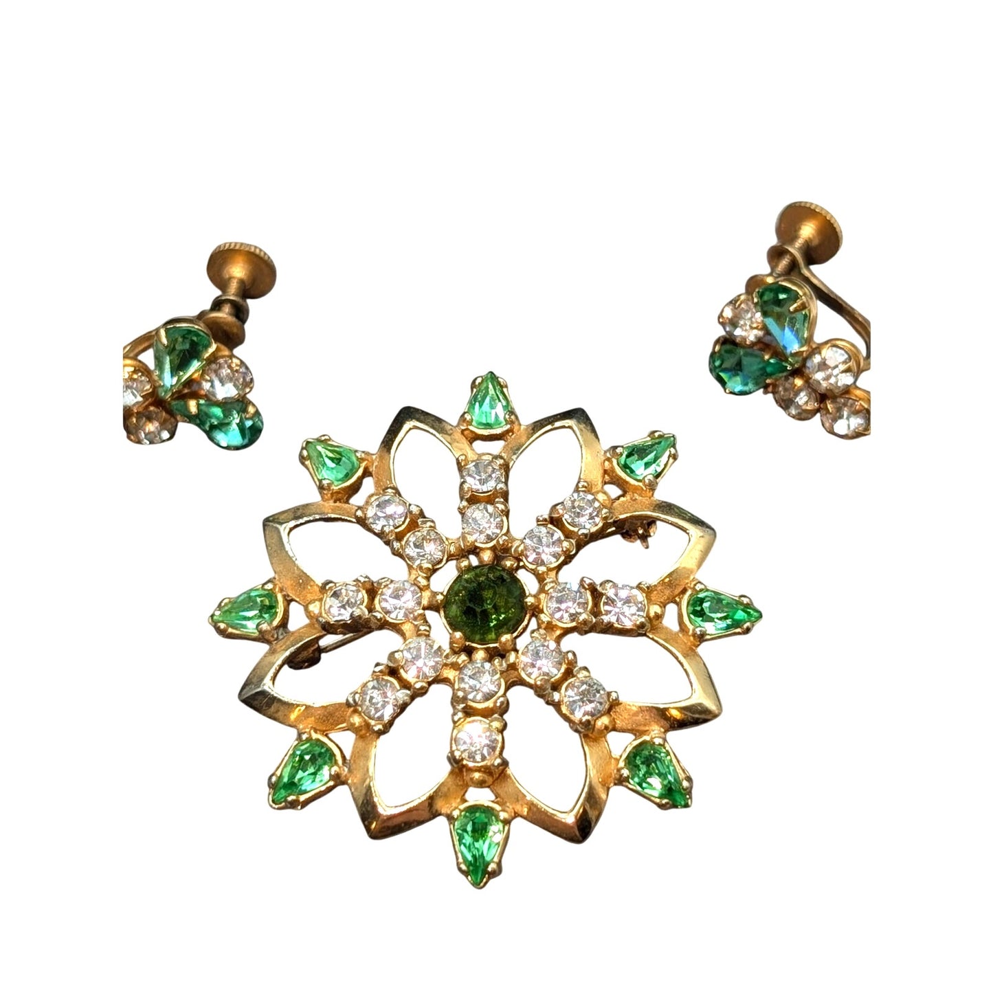 Vintage Green & Clear Rhinestone Gold Tone Brooch & Screw On Earrings