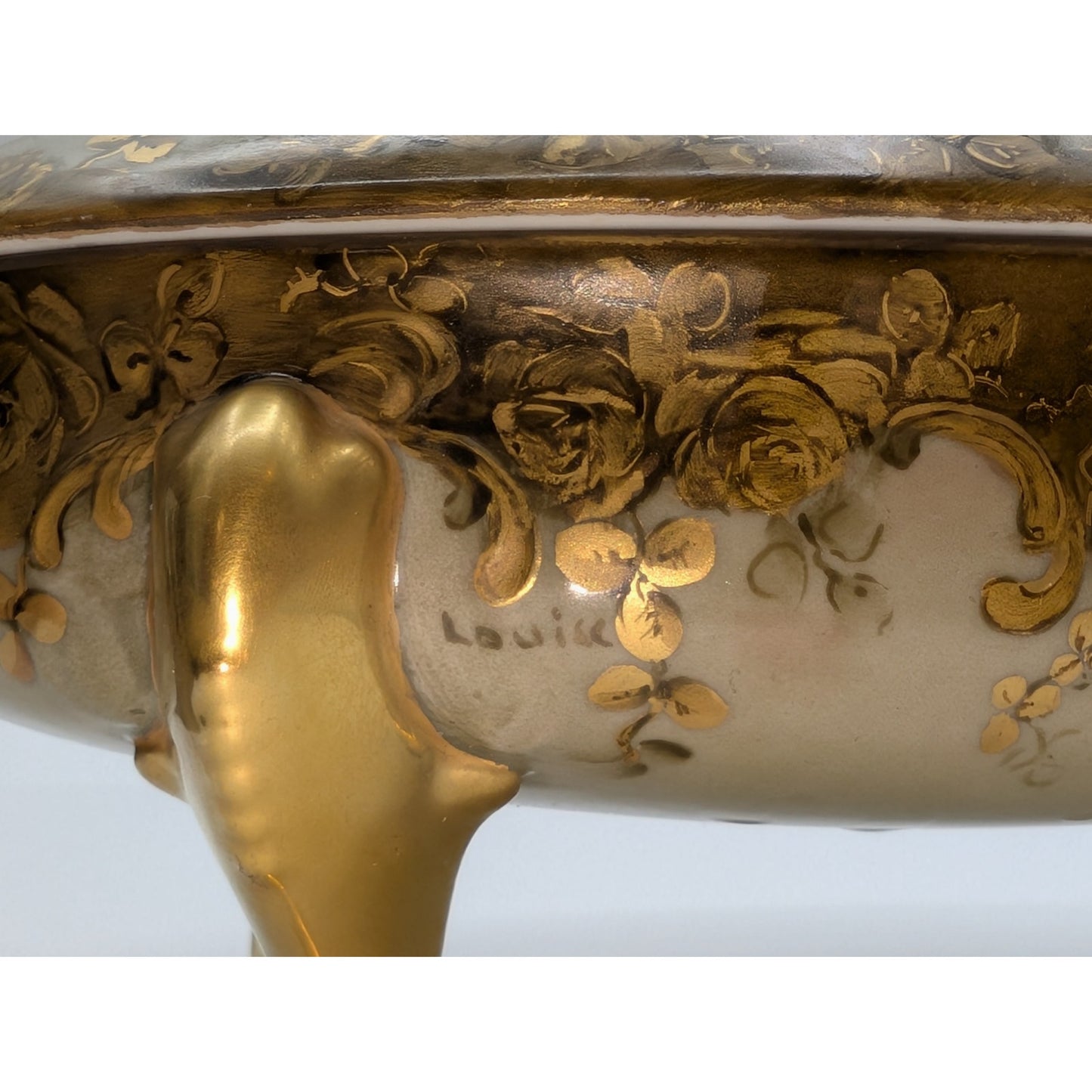 Vtg/Antique Signed Louise Gold Footed China Oval Hand Painted Trinket Box