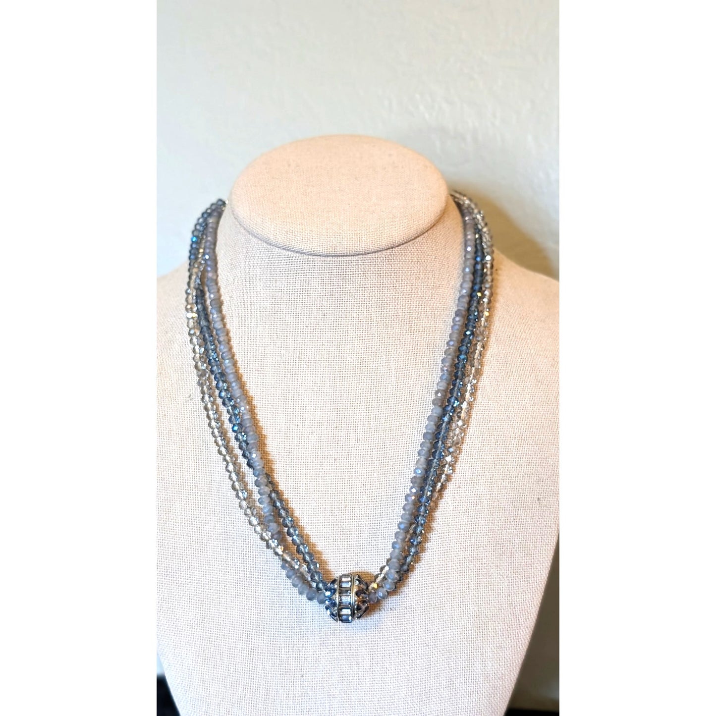 Vera Wang Three Strand Smoky Gray Blue Crystal And Crystal Ball Necklace