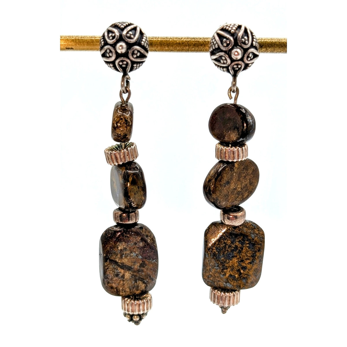 Vintage Brown Stone Sterling Silver Dangle Bead Post Earrings