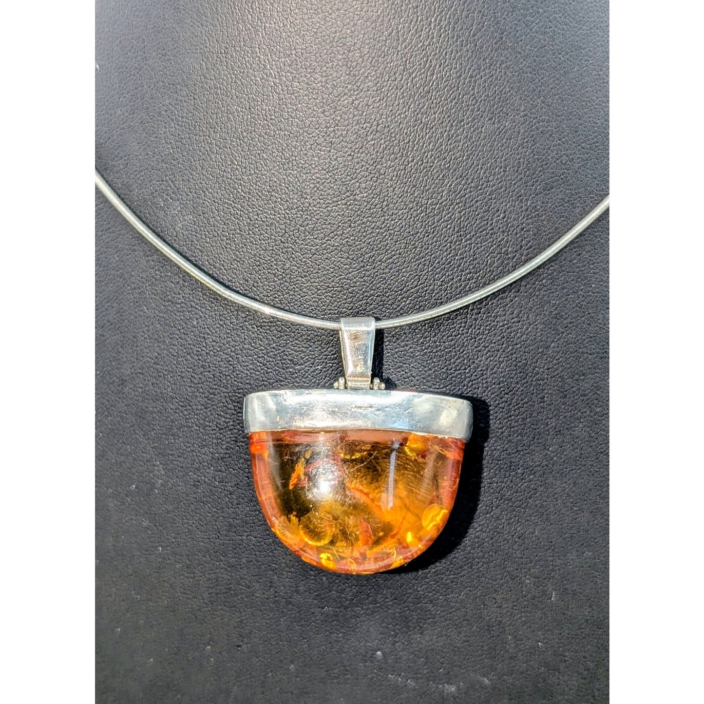 VTG 925 Sterling Silver Baltic Amber Pendant On Sterling 15.5" Cord Necklace