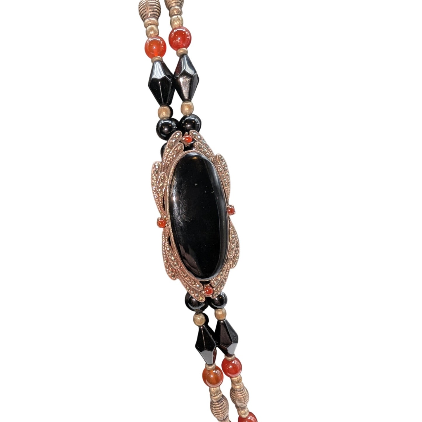 VTG Sterling Double Strand Black Onyx/Tourmaline Carnelian Marcasite Necklace