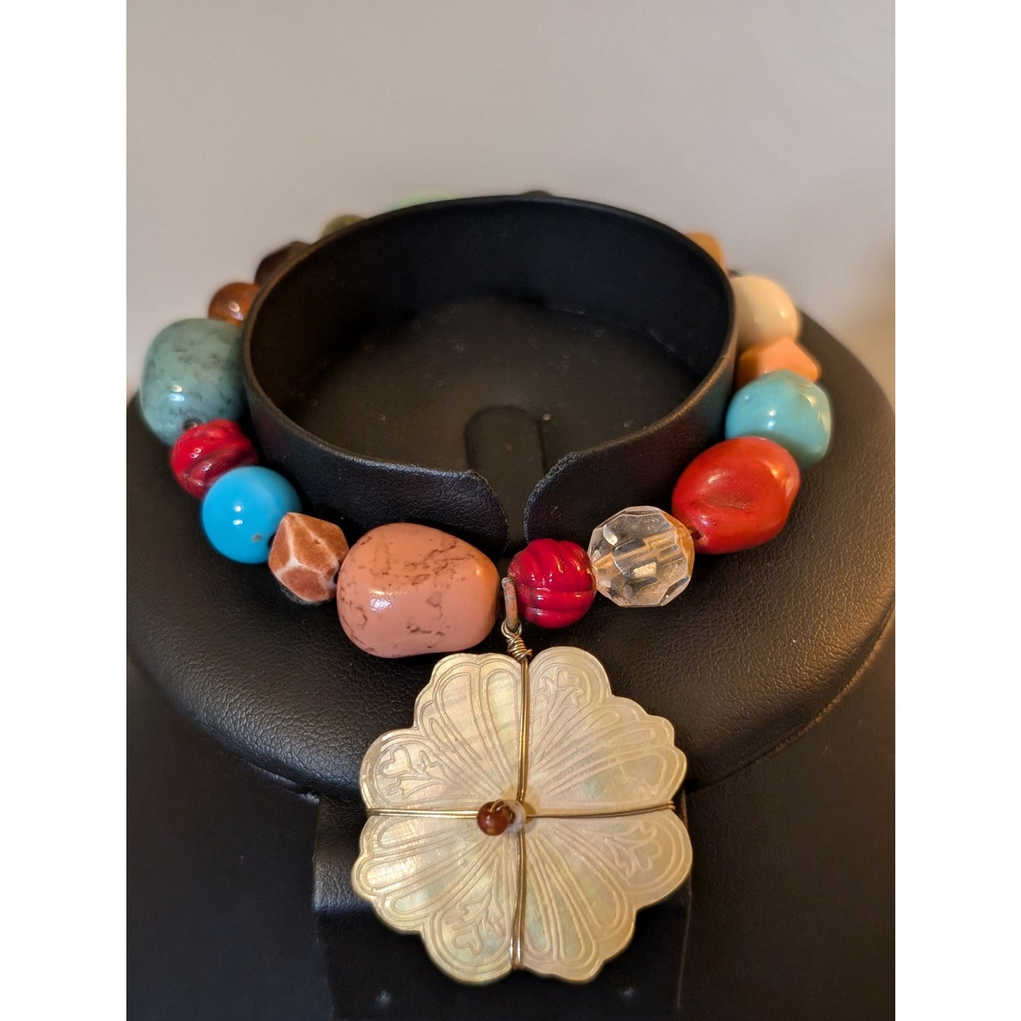 Multi-Color Acrylic Beaded Wire Wrapped MOP Flower Charm Necklace & Bracelet Set