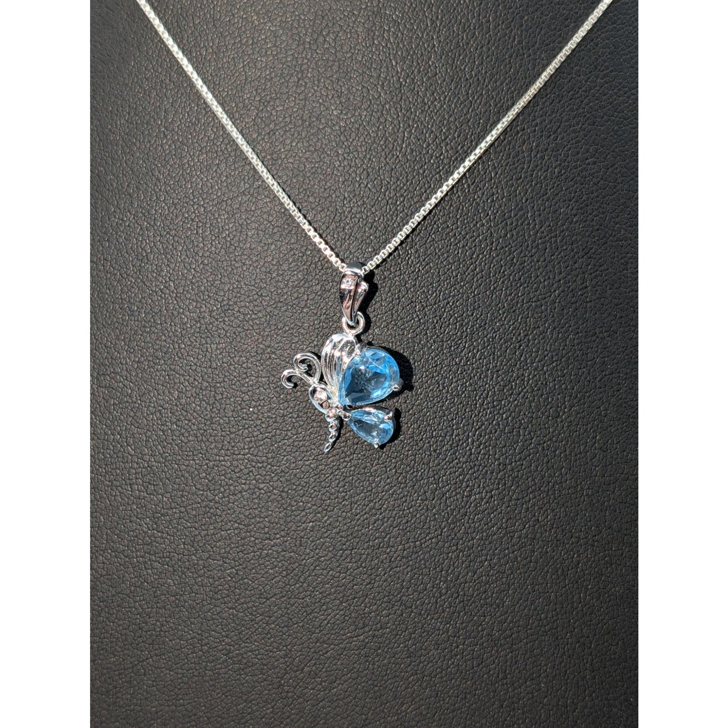 Blue Glass 925 Sterling Silver Butterfly 16" Box Chain Necklace