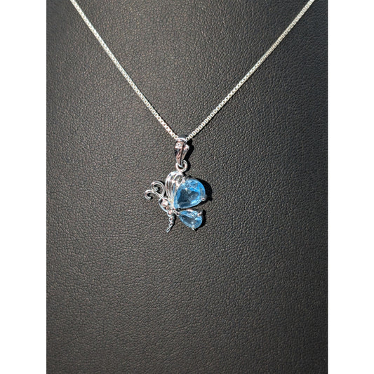 Blue Glass 925 Sterling Silver Butterfly 16" Box Chain Necklace