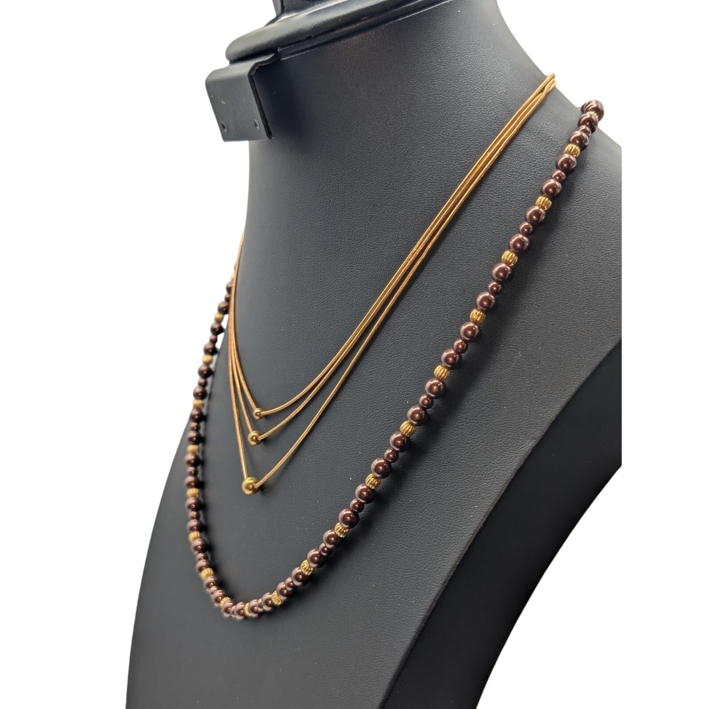 Two Gold Tone Beaded Necklaces--1 Triple Strand Ball Bead & 1 Copper Glass Bead