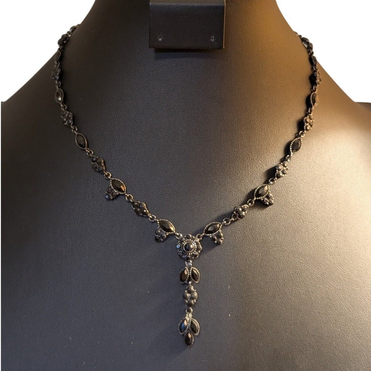 Black Crystal Gun Metal Y Drop Necklace