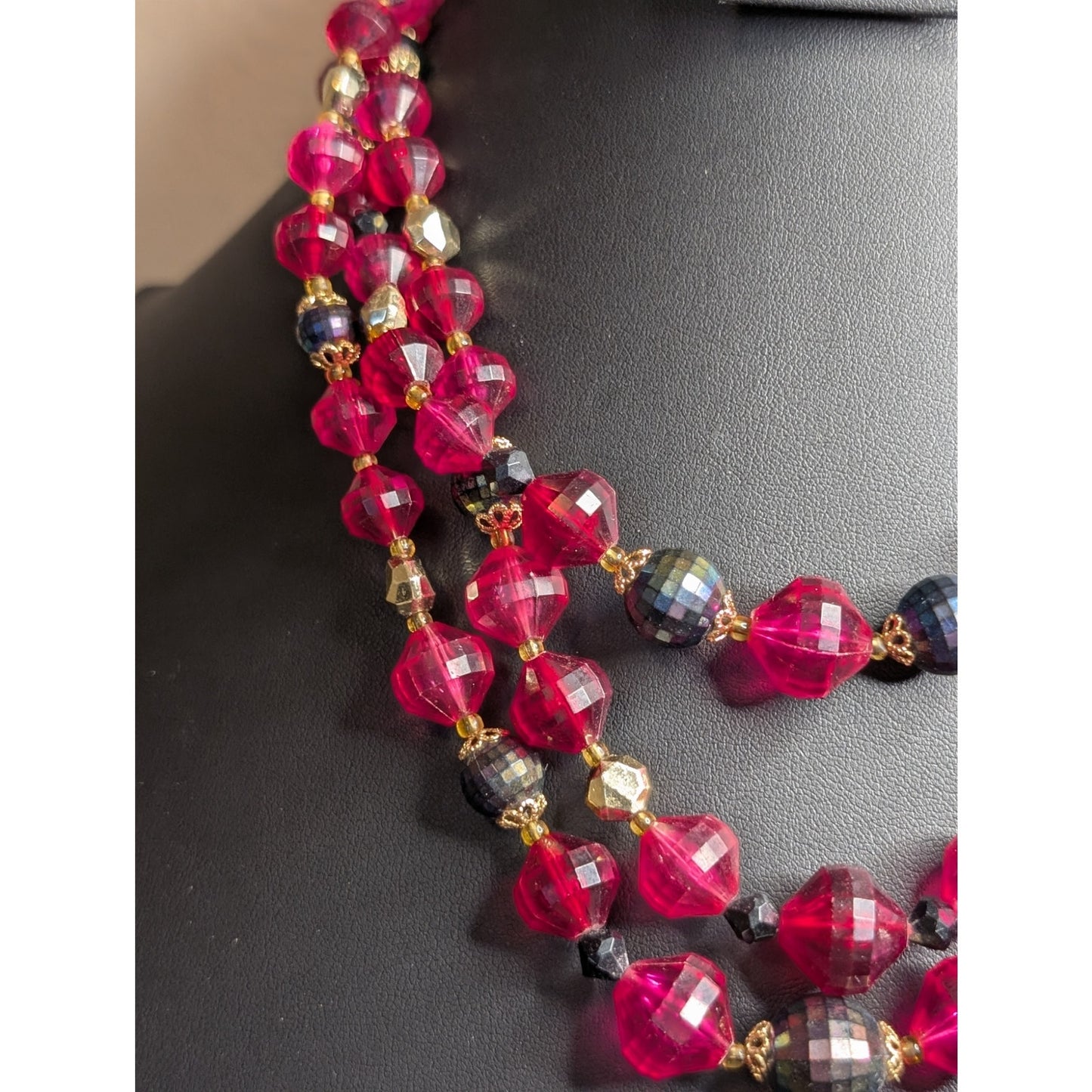 VTG Signed Western Germany Pink Gray Faceted Three Strand Acrylic Bead Necklace