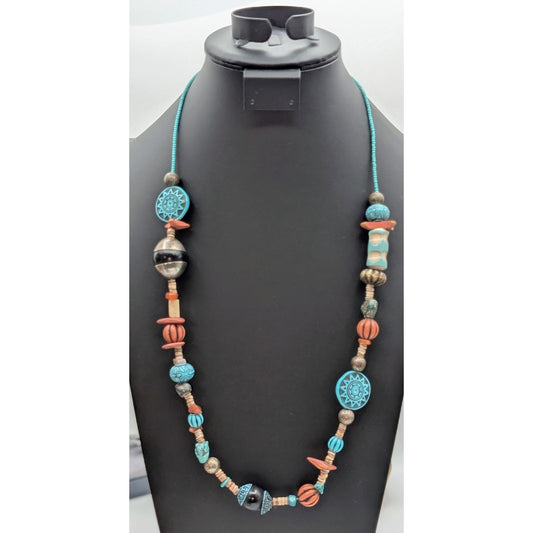 Vtg Southwestern Multi-Shape & Heishi Bead Turquoise Terra Cotta Color Necklace