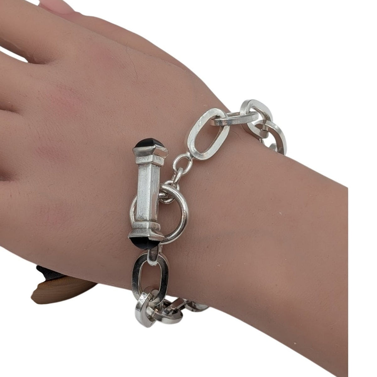 925 Italy Sterling Silver Onyx Toggle Oval Chain Link Bracelet 24.26g