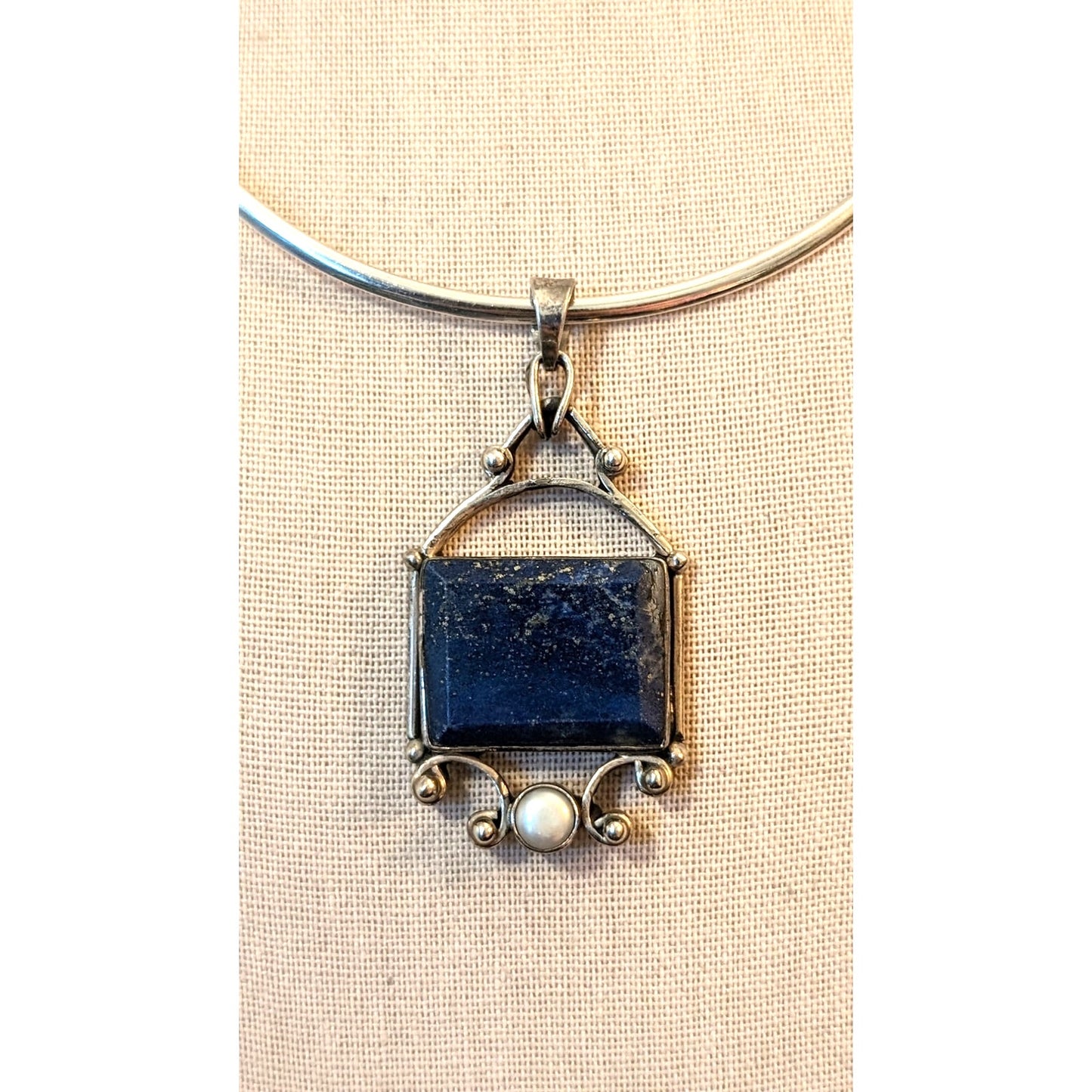 Chunky Lapis Lazuli Pearl Pendant on Mexican Sterling Silver Hook Clasp Collar