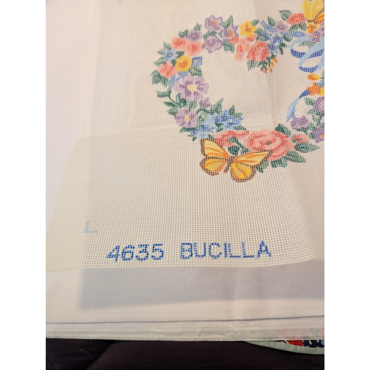Vtg Bucilla Needlepoint Butterfly Wreath Mesh Design 1990 14" x 14" 4635