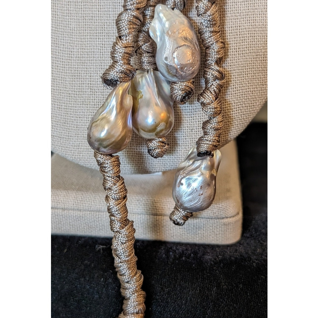 Designer Made in Italy Khaki Natural Linen & Large Baroque Pearl Tassel Necklace