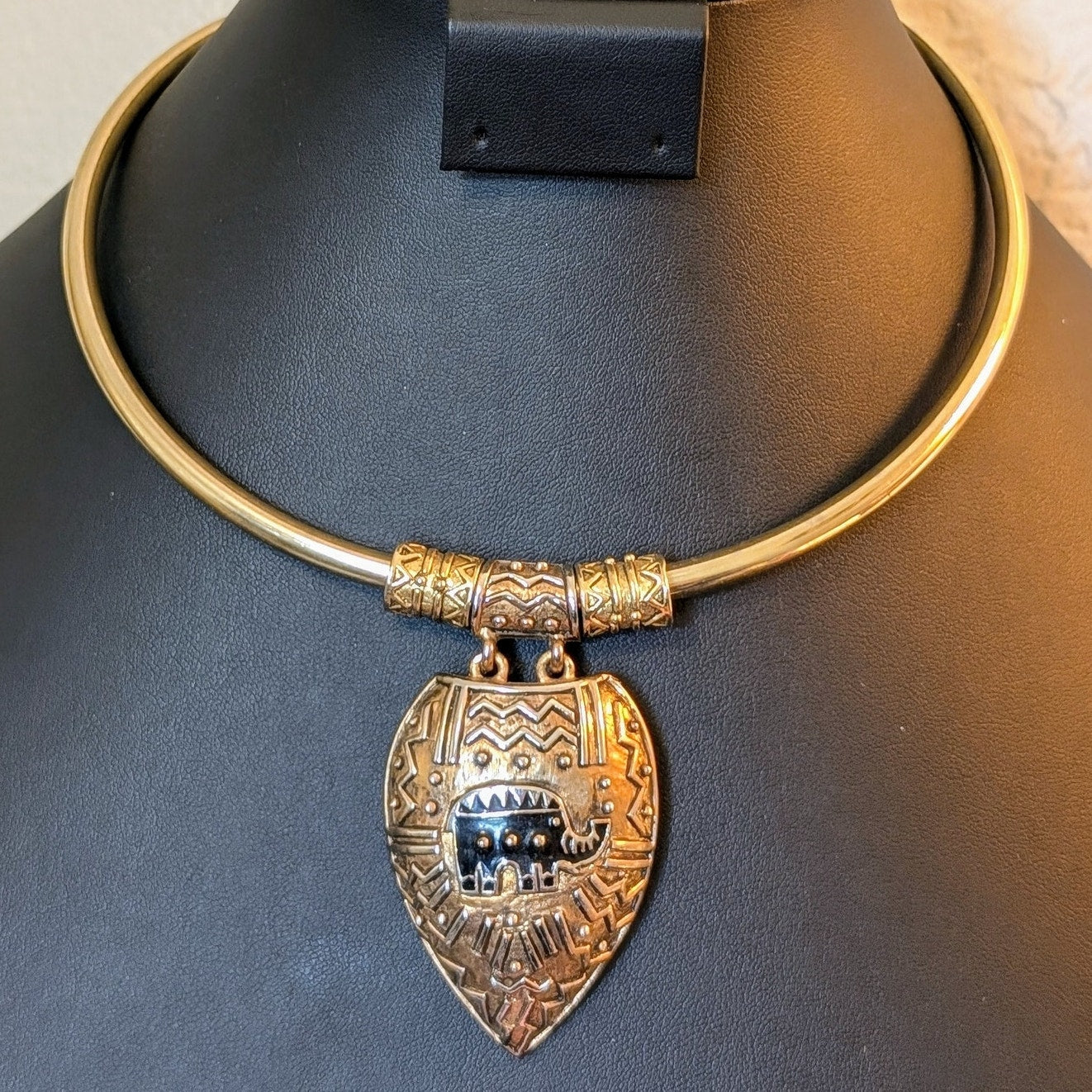 Gold Tone Indian Elephant Torque Pendant Collar Necklace