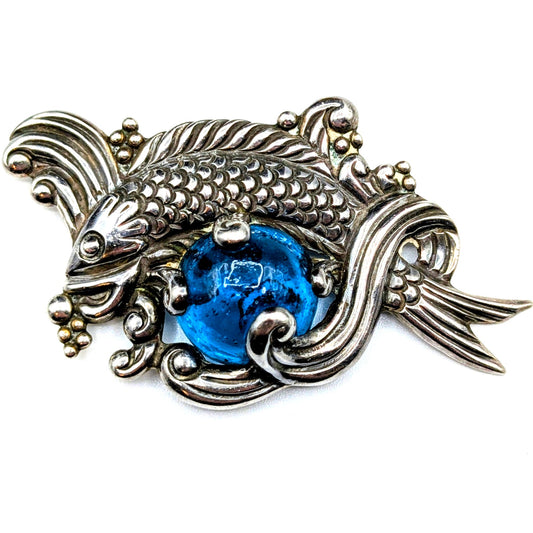 Rare VTG Los Castillo Taxco Sterling Silver Blue Glass Fish in Waves Brooch