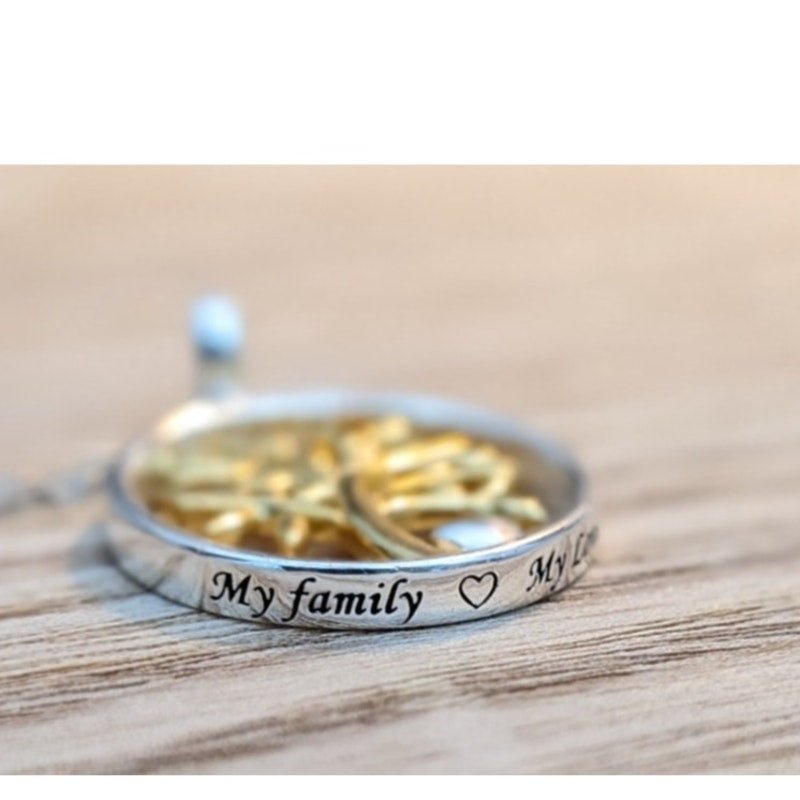 925 Sterling Silver Two Tone Tree of Life Heart 'My Family My Love' Necklace