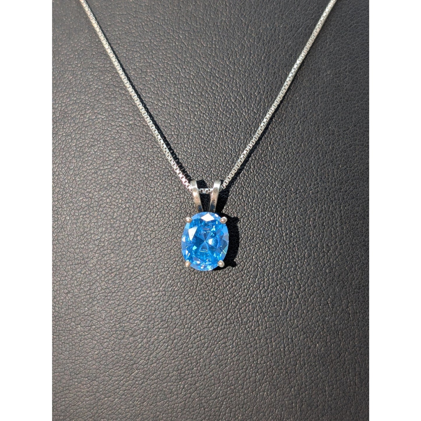 Vtg 925 Sterling Brilliant Blue Crystal Solitaire Pendant Box Chain Necklace