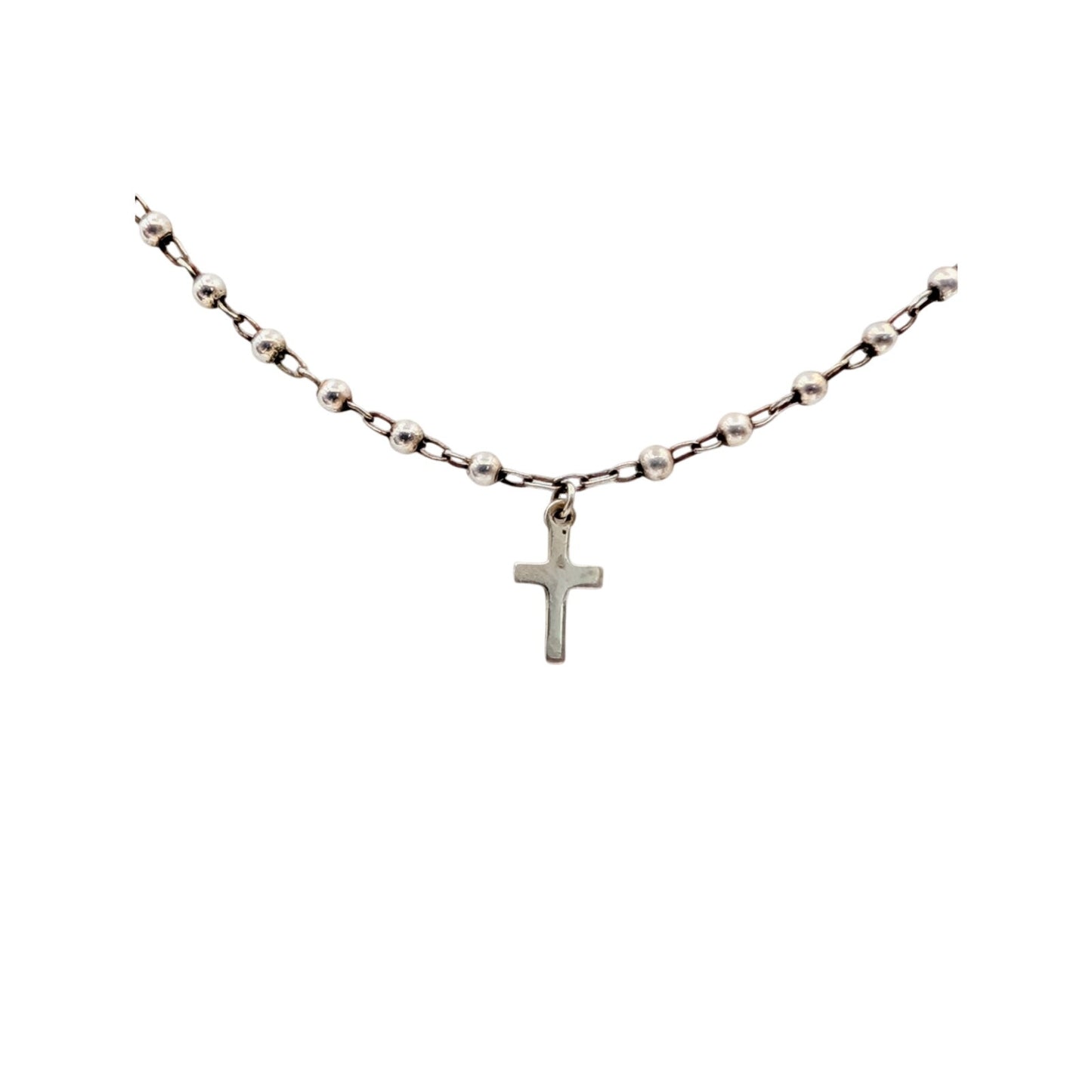Vintage 925 Sterling Beaded Chain Tiny Cross Pendant Choker 16" Necklace