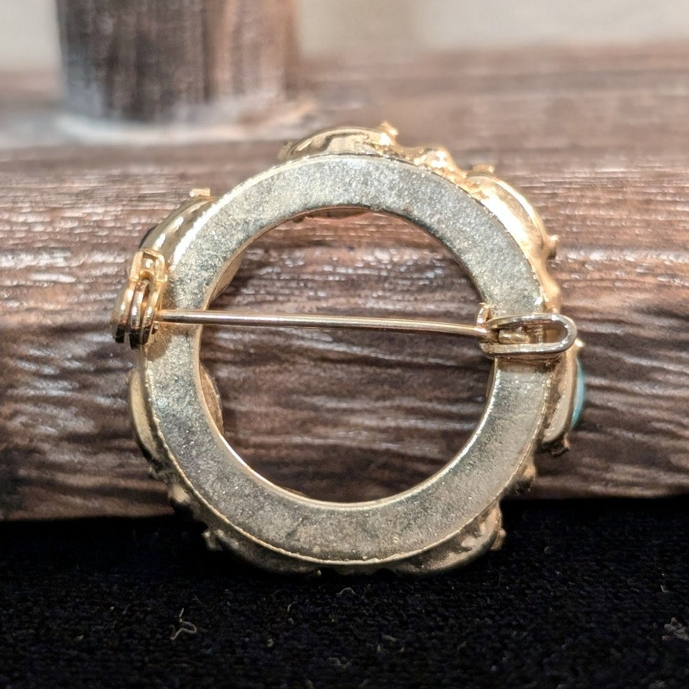 Vintage Ancient Egyptian Revival Carved Resin Scarab Wreath Circle Brooch