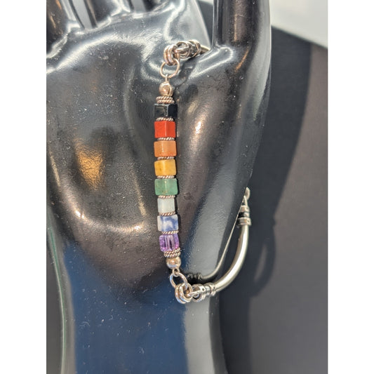 Vintage 925 Sterling Silver Natural Stone Square Bead Bar Link Bracelet