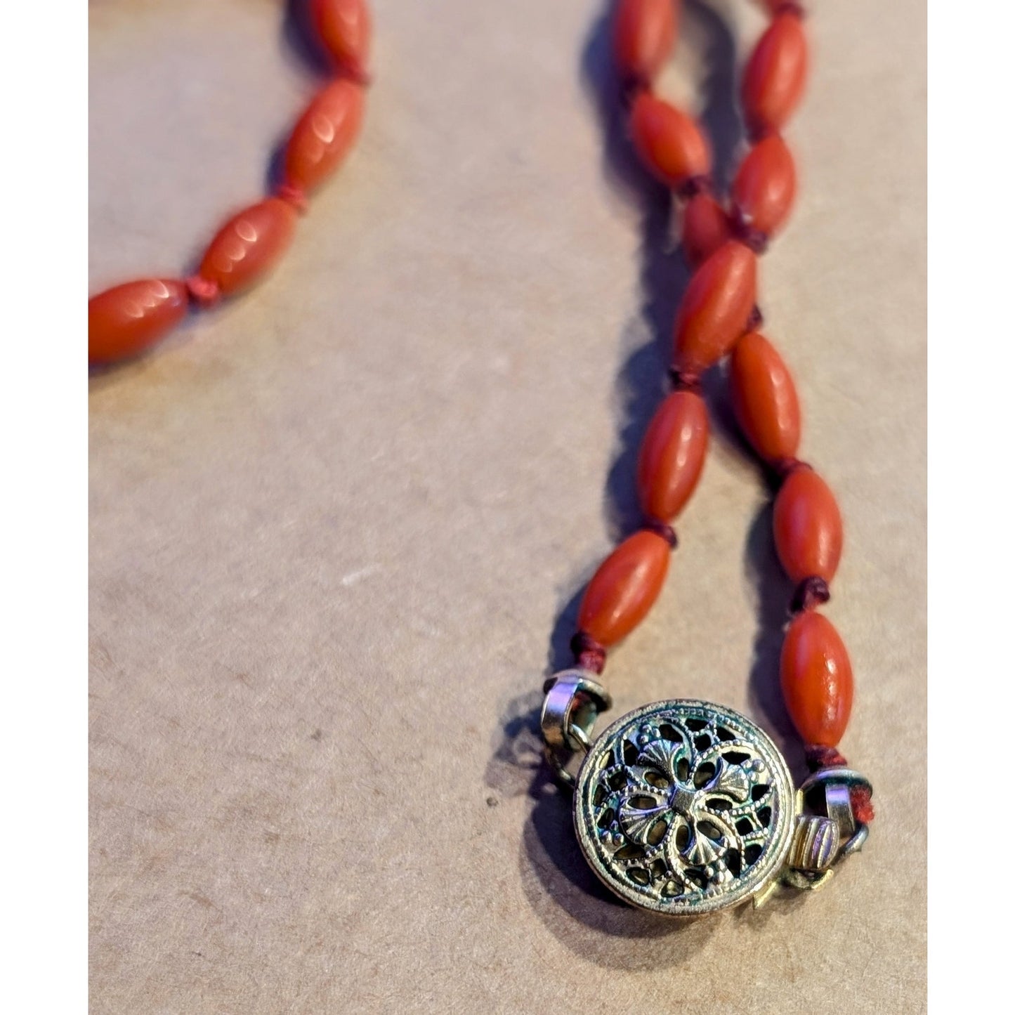 Antique Carved Birds Asian Medallion Hand-Knotted Beaded Necklace