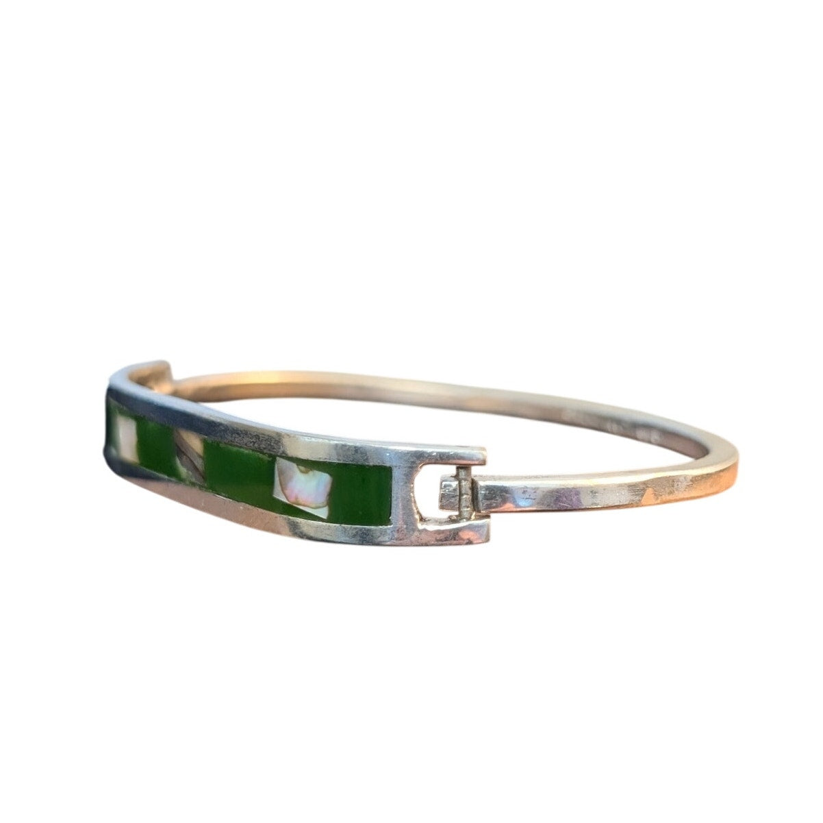 Vtg Mexico 925 Sterling Green Stone Abalone Inlay Tension Clasp Bangle Bracelet