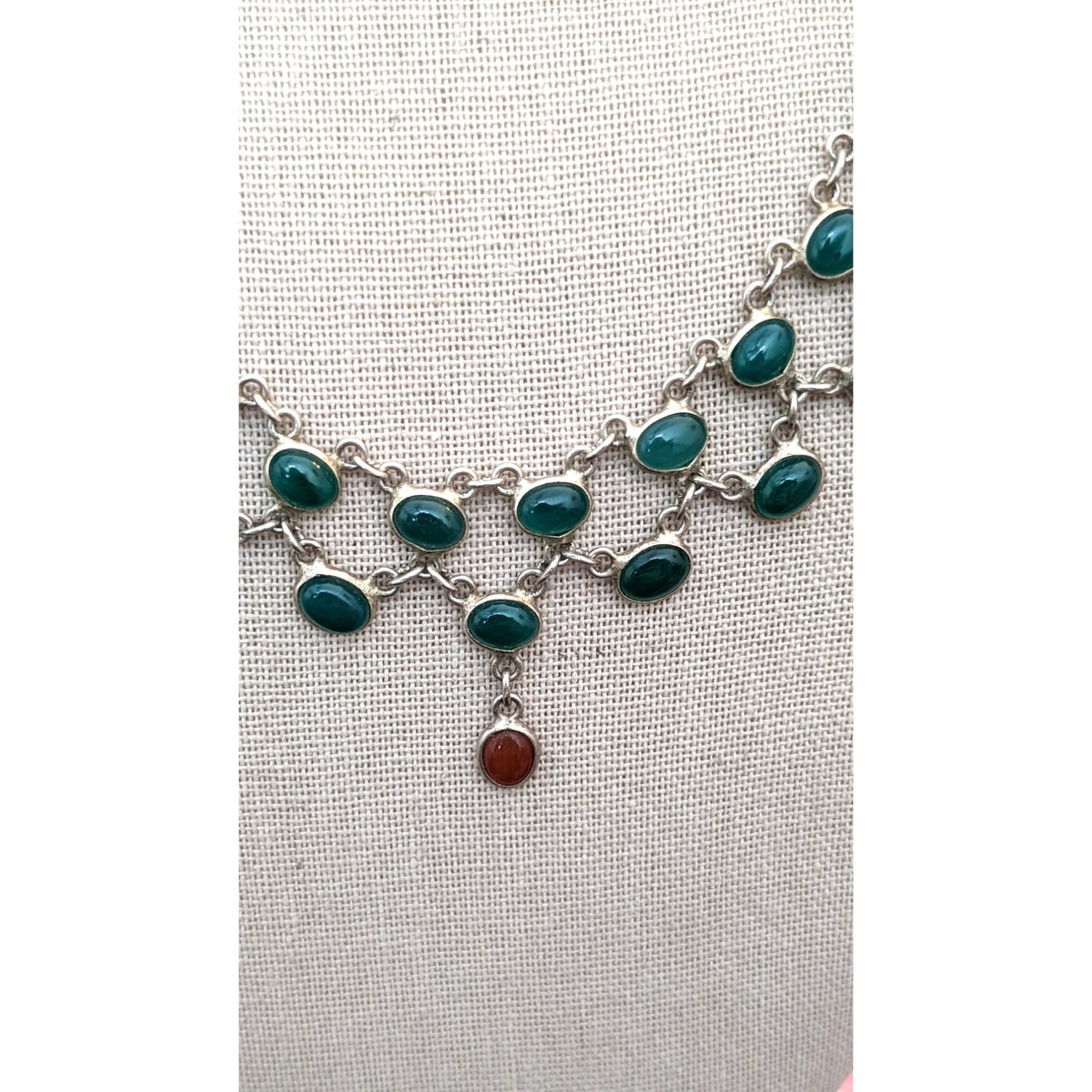 Vtg Green & Red Onyx Cabochons 925 Sterling Silver Collar Hook Clasp Necklace