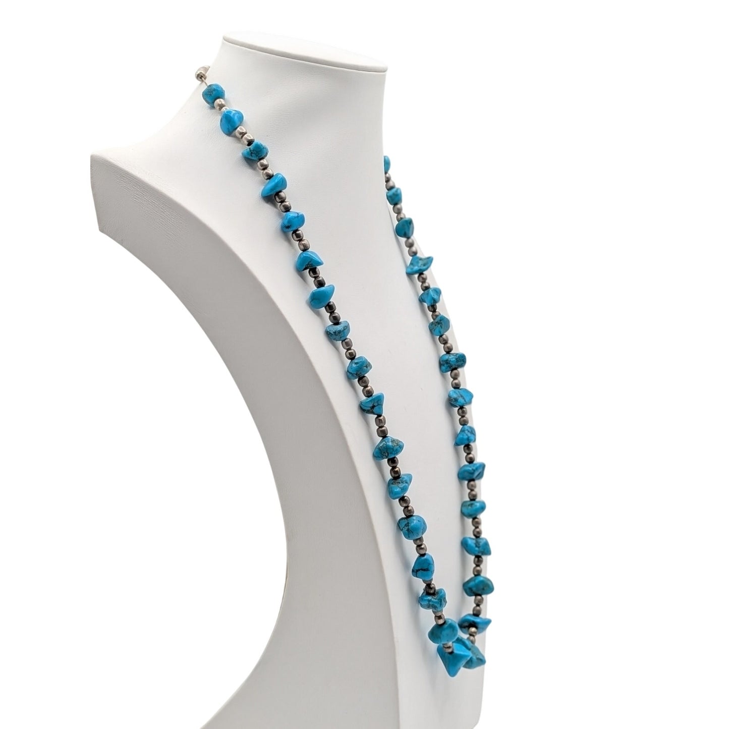 Vintage 1960s Turquoise Nugget Silver Beaded Hook Clasp 28" Necklace