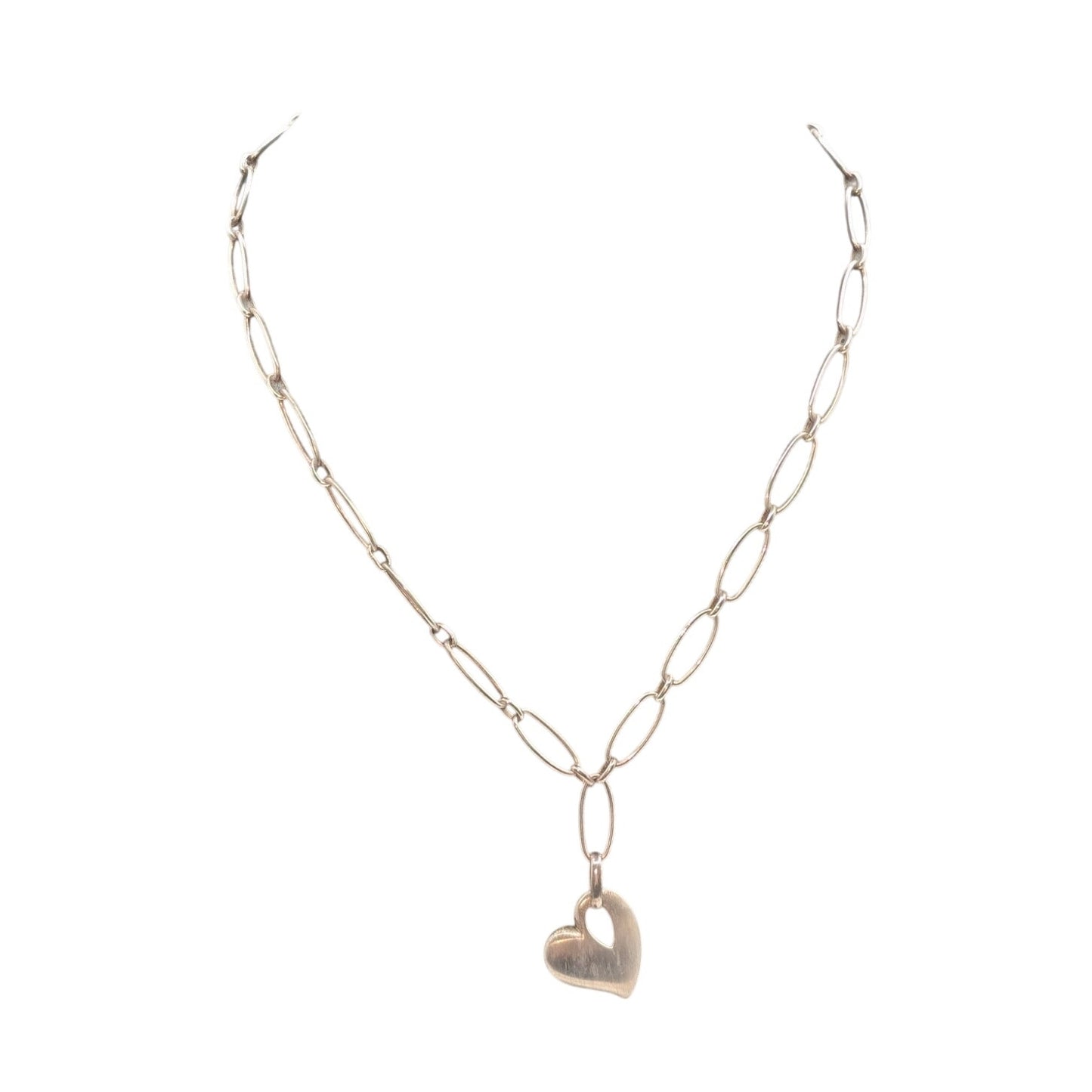 Vintage 925 Sterling Silver Heart Dangle Charm Oval Link Chain 18.25" Necklace
