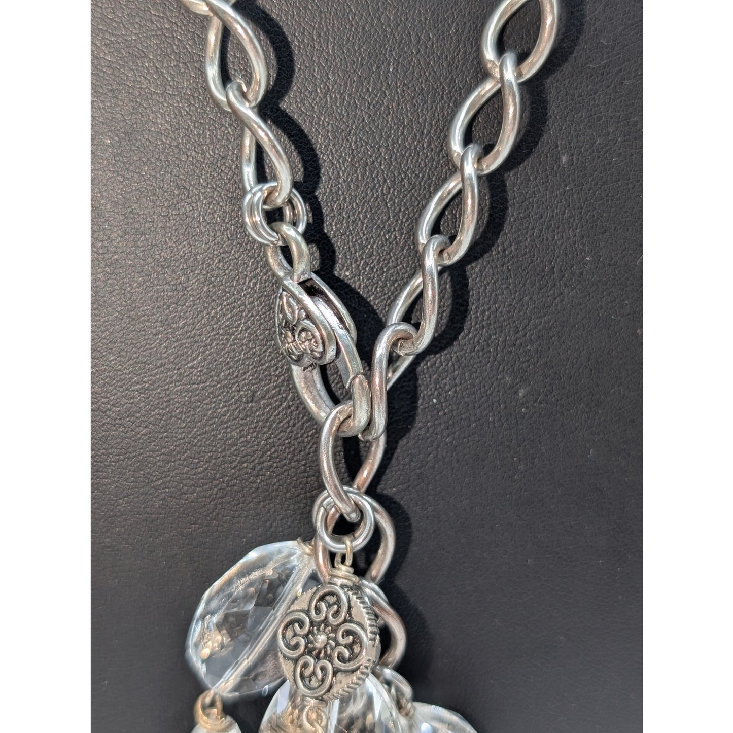 Chunky Silver Tone Faceted Crystal and Glass Cluster Tassel 27" Chain Necklace