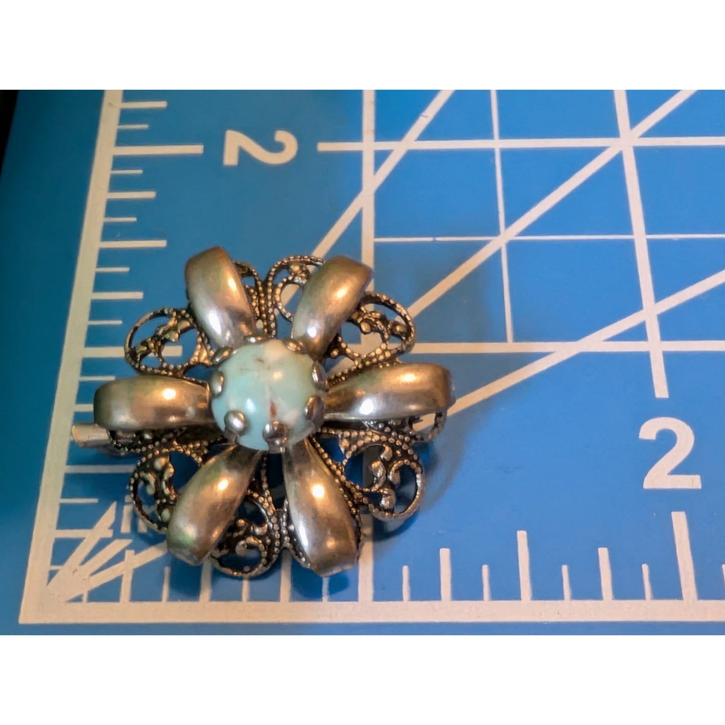 Vintage 40's Turquoise Czech Glass Filigree Silver Tone Brooch