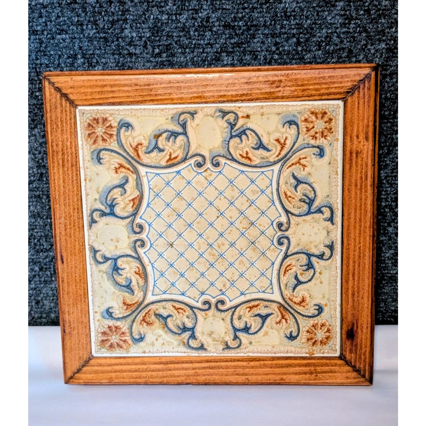 Vintage Italian Ceramic Tile Wood Framed Square Trivet Art Nouveau Pattern