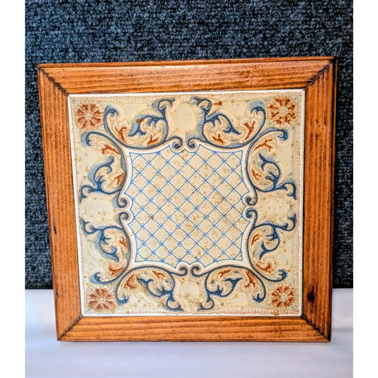 Vintage Italian Ceramic Tile Wood Framed Square Trivet Art Nouveau Pattern