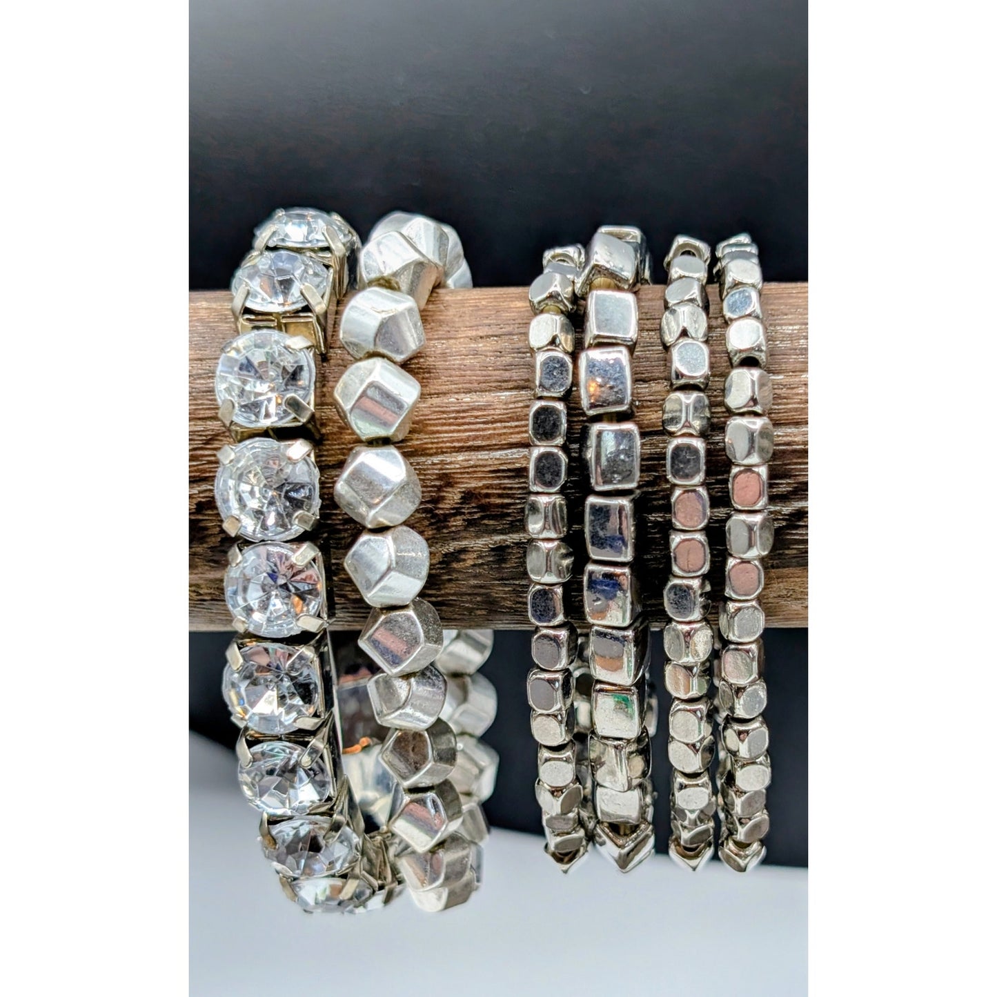 Lot of Nine Silver Tone Stretch Cuff & Beaded Chain Bracelets