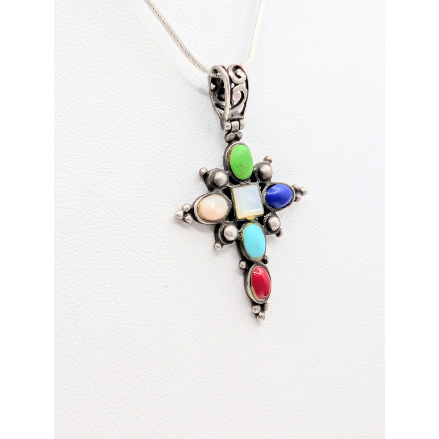 Vintage 925 Sterling Multi-Stone Cross Pendant 16" Square Snake Chain Necklace