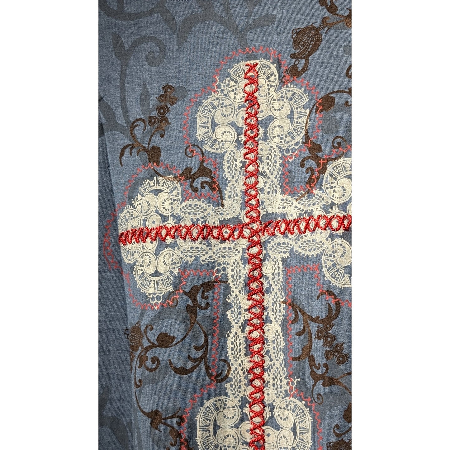 G. Designs Dusty Blue Embroidered Boho Long Sleeve Viscose/Lycra Tee Womens Sz L