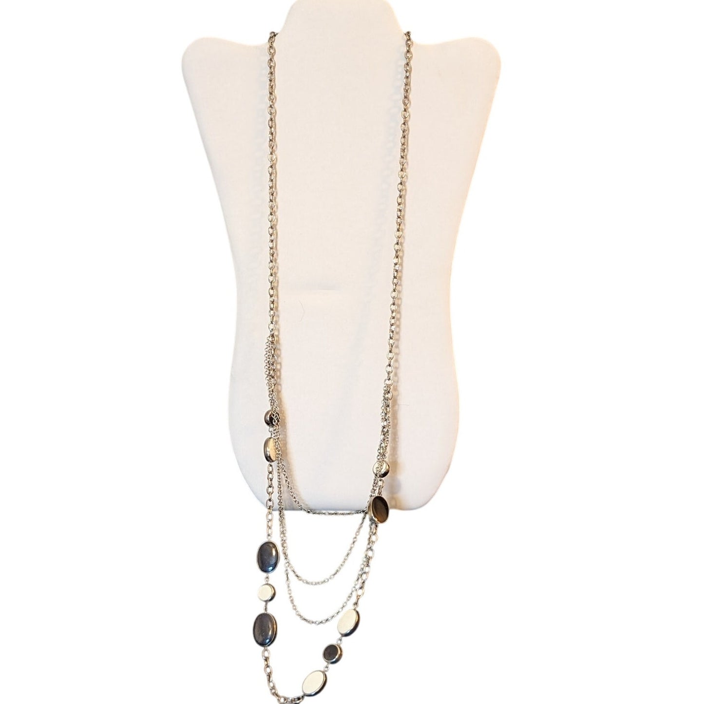 Long Silver Tone One Strand To Four Chain W/ Cream & Black Bead Necklace