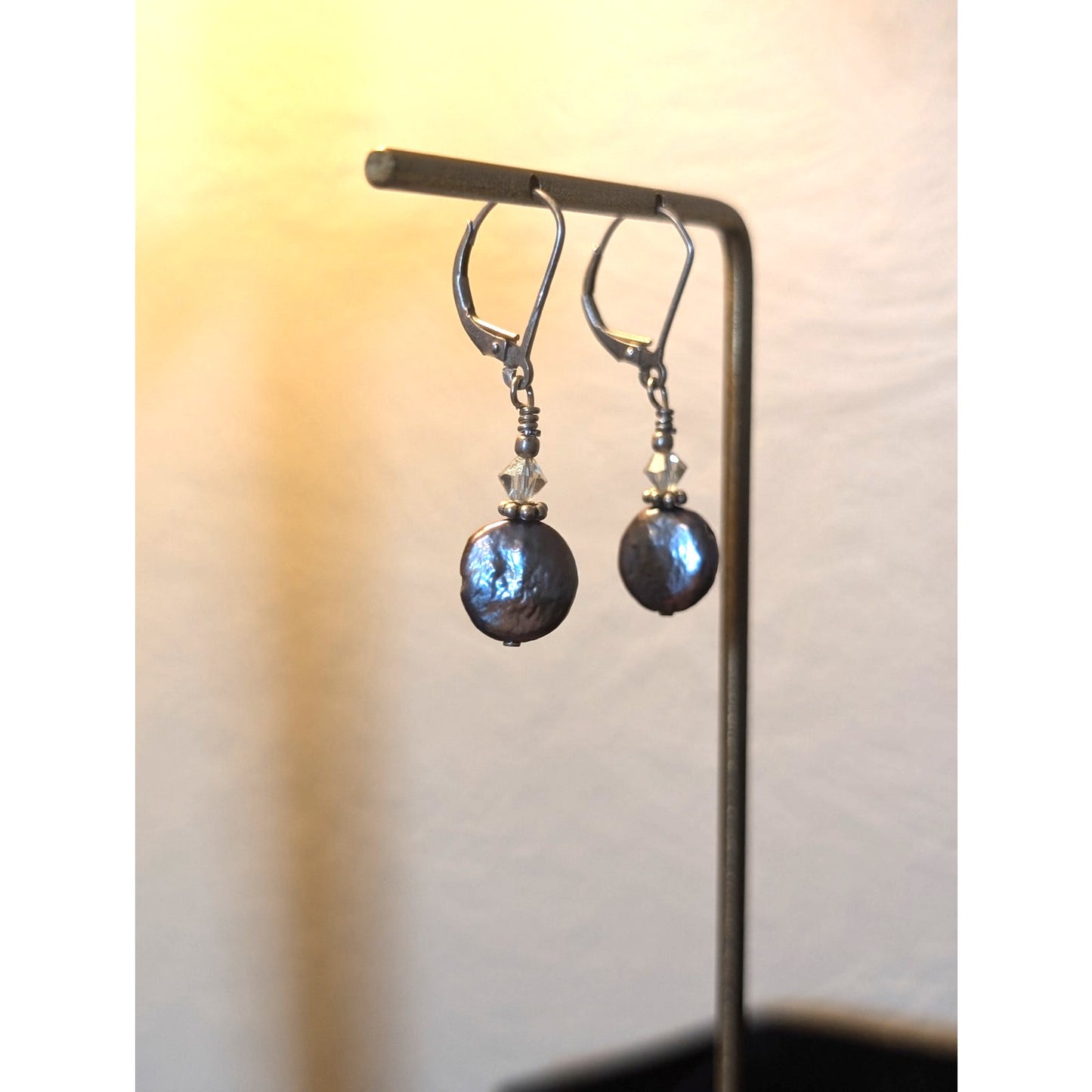 Natural Peacock Flat Coin Dangling Pearl 925 Sterling Silver Lever Back Earrings