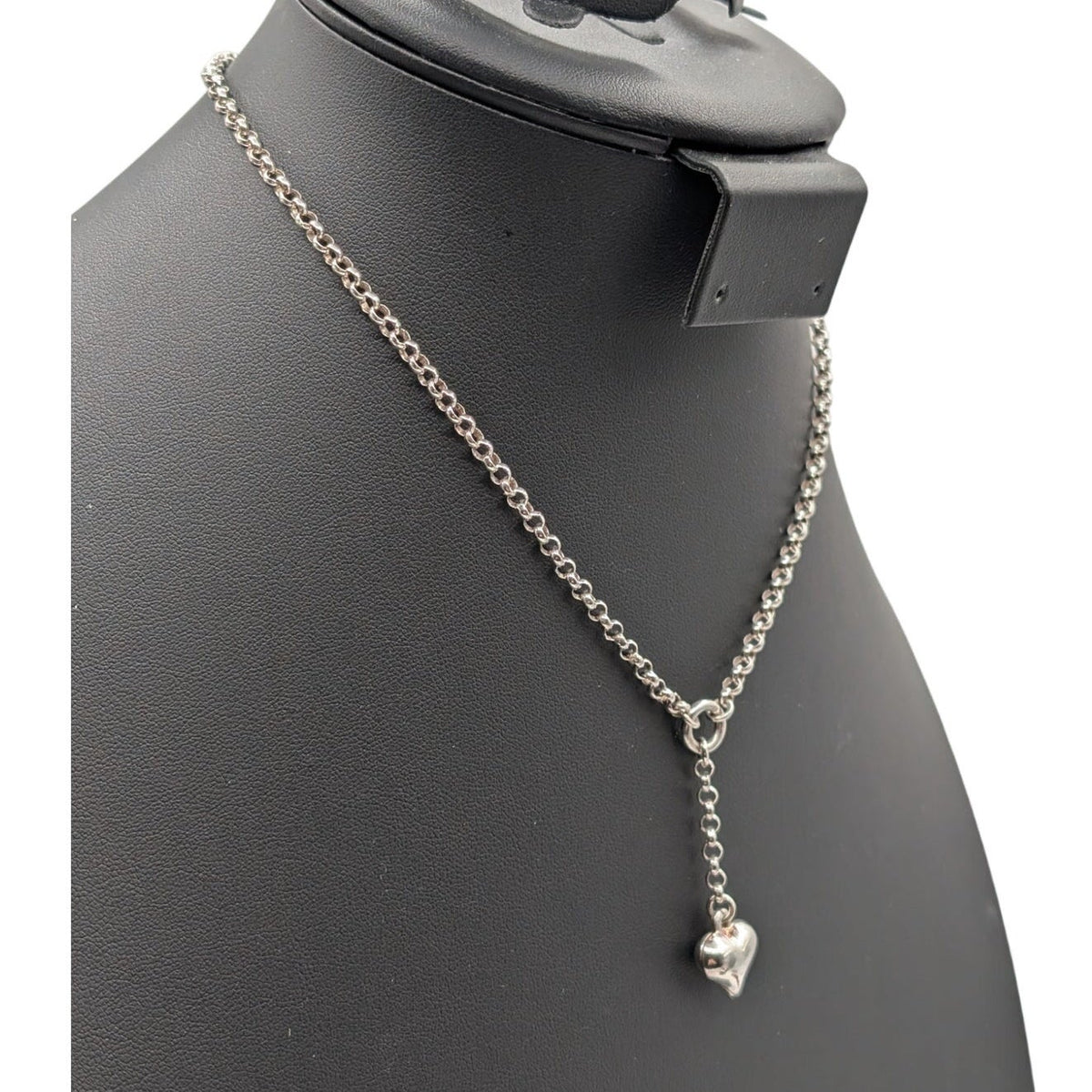 925 Sterling Silver Y Drop Heart Dangle Rolo Link 15.5" Chain Necklace