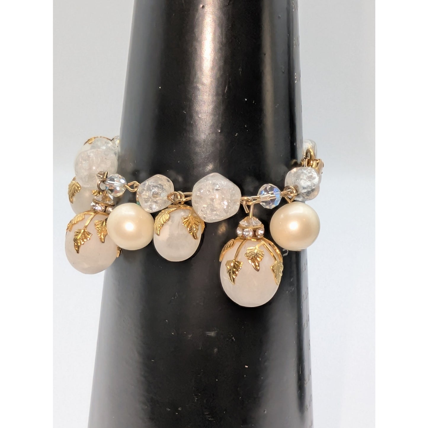 Vintage Deauville 1950s-1960s Faux Pearl Lucite Golden Leaf Bauble Bracelet