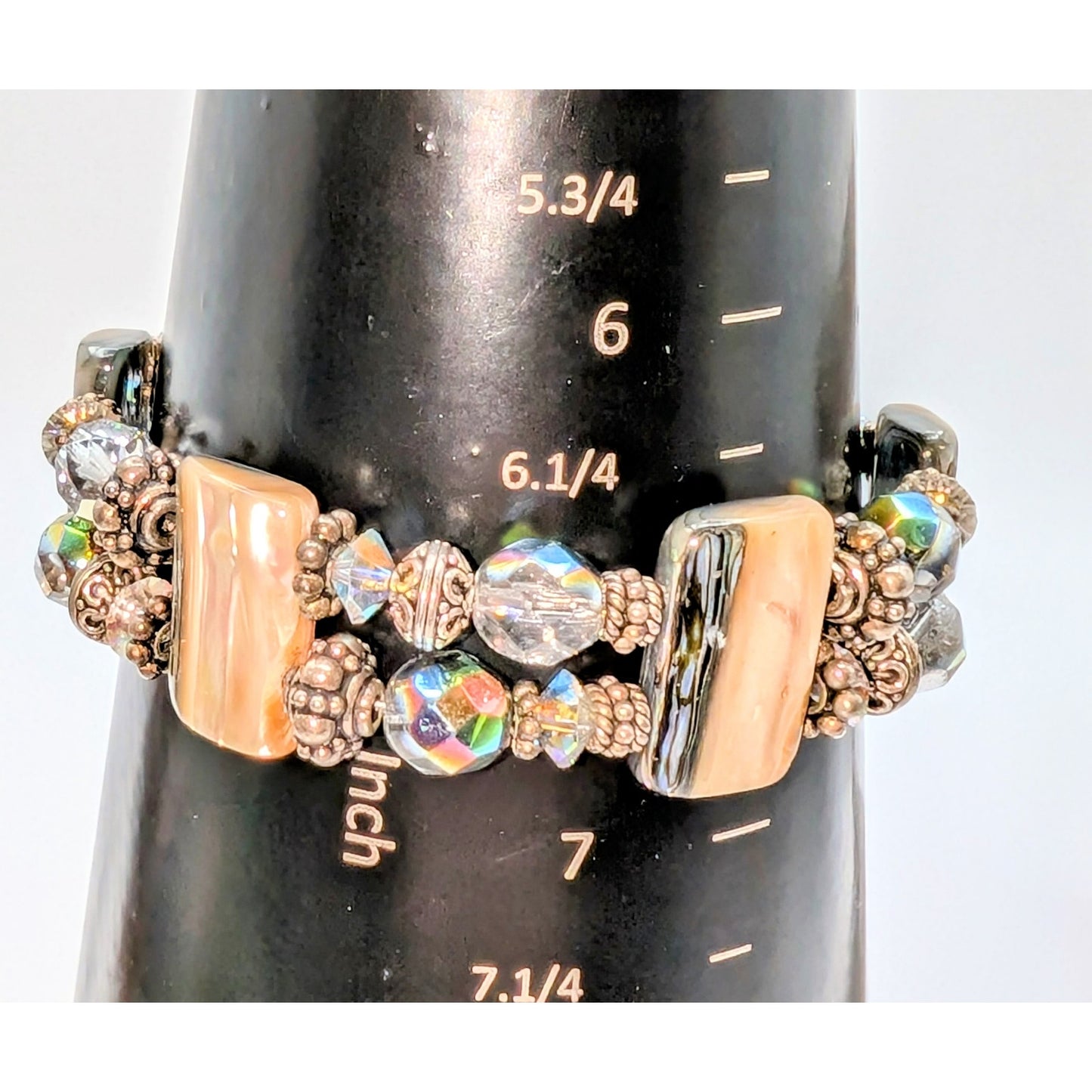 Signed Abalone Shell Chunks AB Crystal Sterling Beaded Toggle Clasp Bracelet