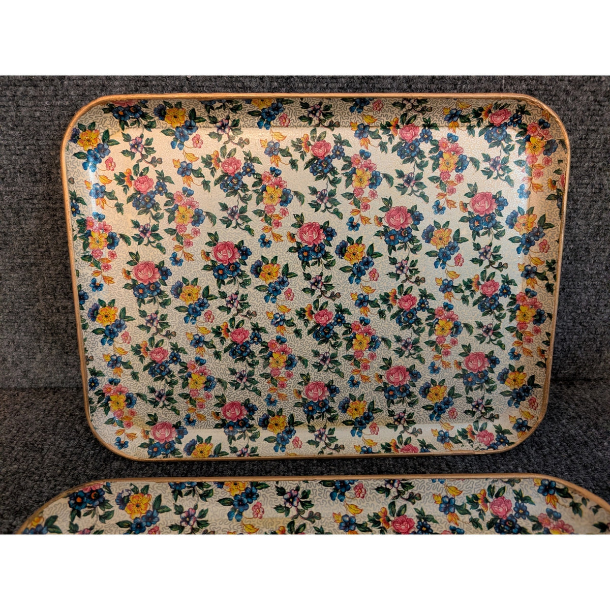 Vintage 50s Japanese Paper Mache Highmount Lacquer Floral Gilt Trim 14X10 Tray