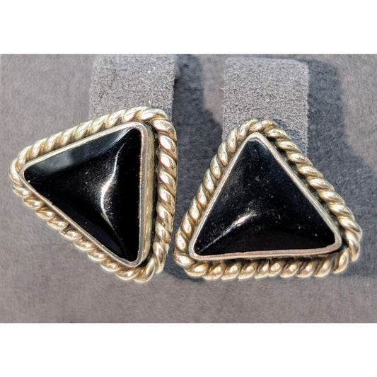 Vintage Taxco Mexico Sterling Silver Rope Design Black Stone Triangle Earrings