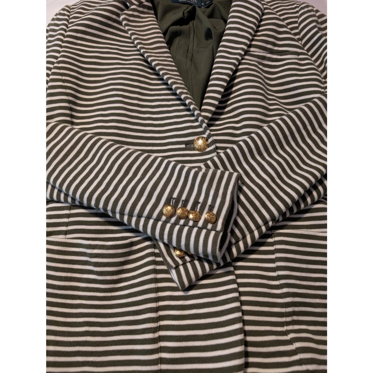 Lauren Ralph Lauren Olive Striped Pique Knit Gold Button Blazer Womens' Sz XL