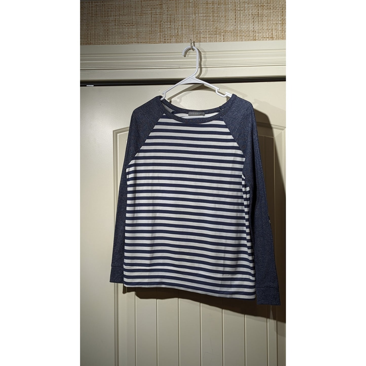 Loveappella Malbec Elbow Patch Blue Striped Knit Top Womens Sz M