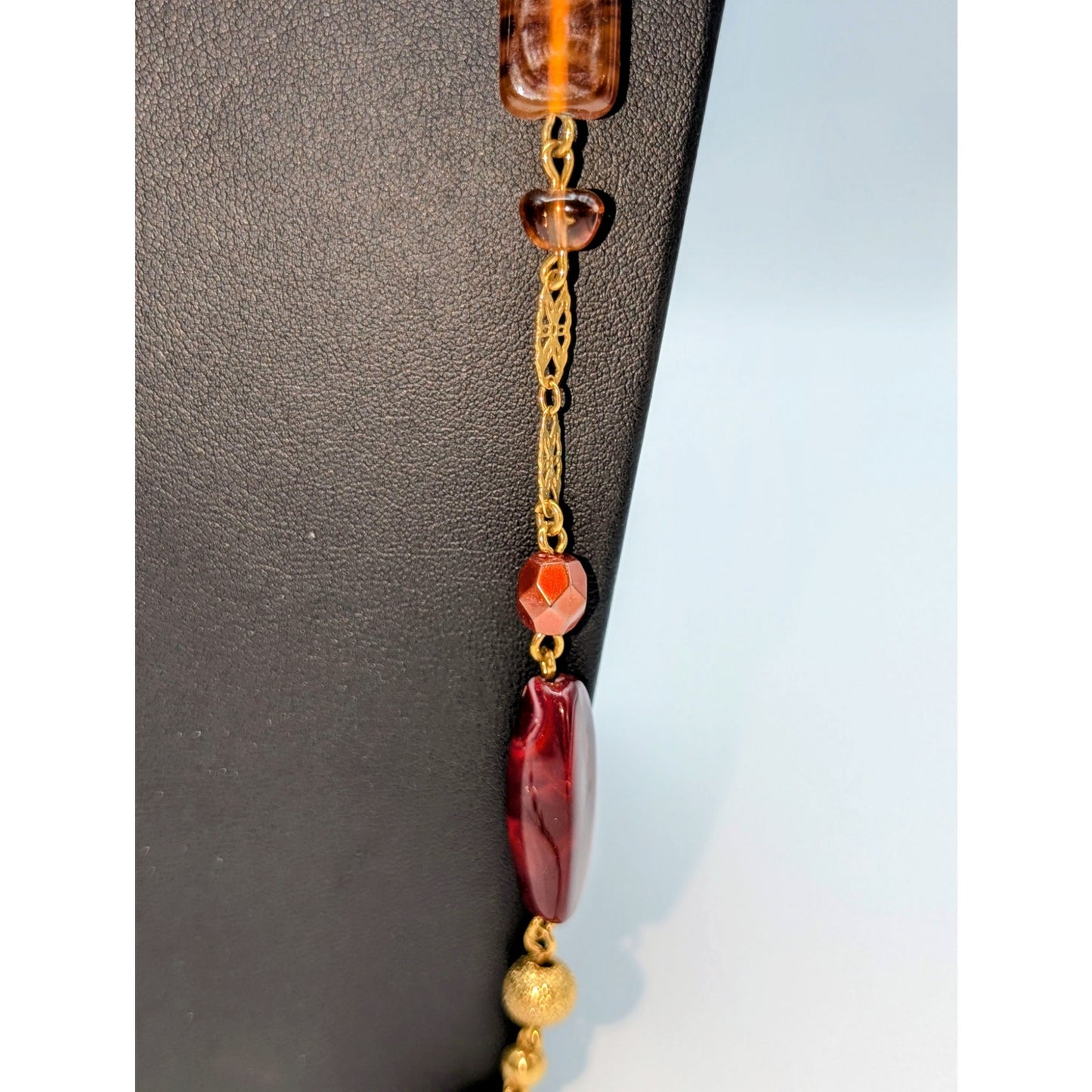Avon Gold Tone Filigree Metallic Glass Warm Tone Beaded Station Chain Necklace