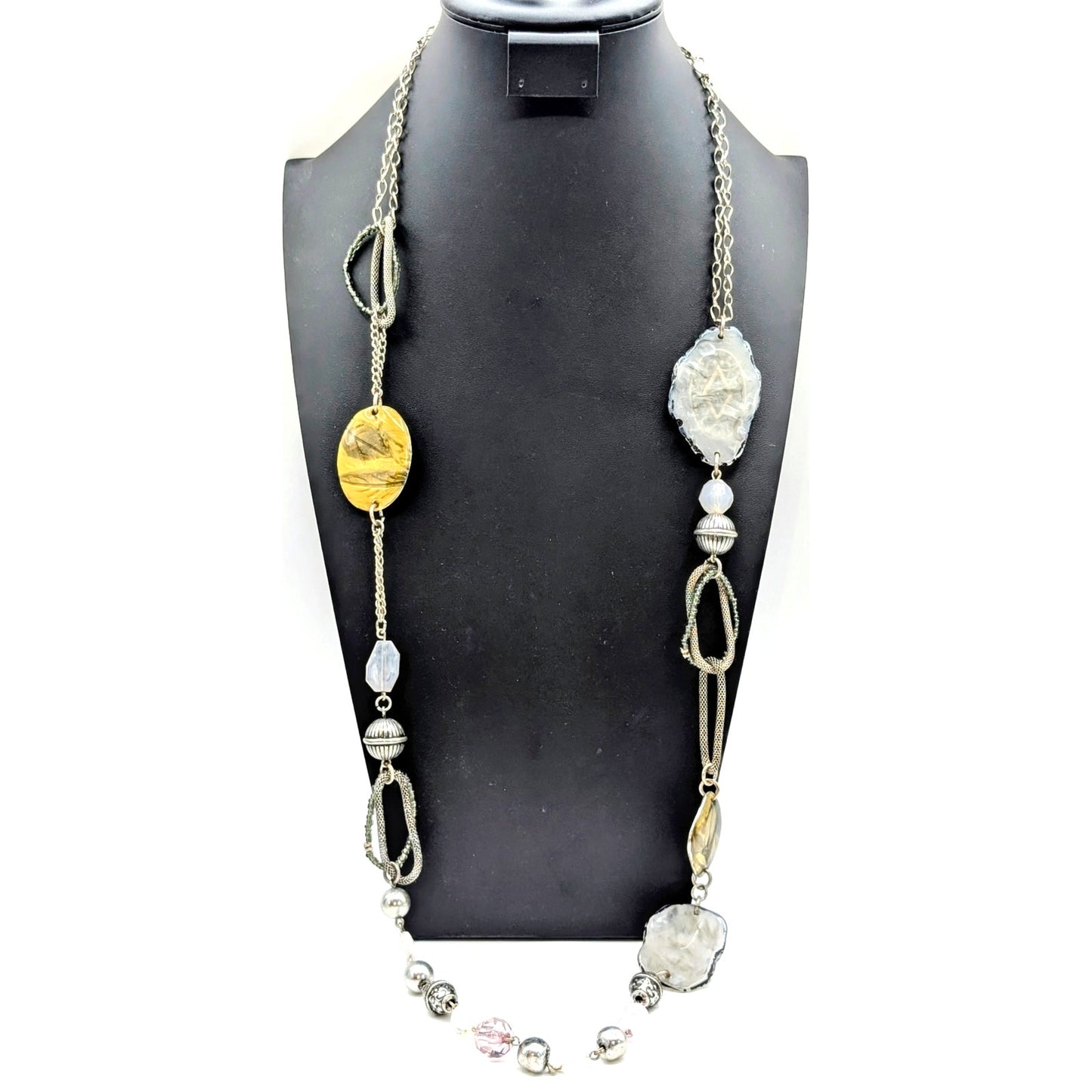 Chico's Silver Tone Multi-Bead Station Approximately 44" Long Necklace