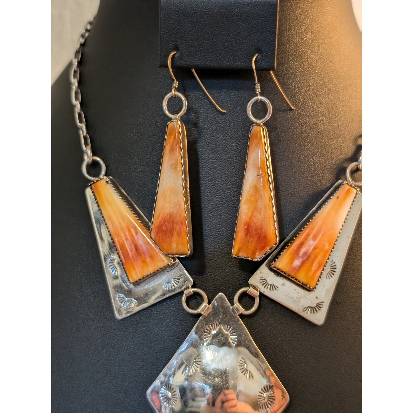 Navajo Native American Sterling B.J. Guerro Spiny Oyster Necklace & Earrings Set