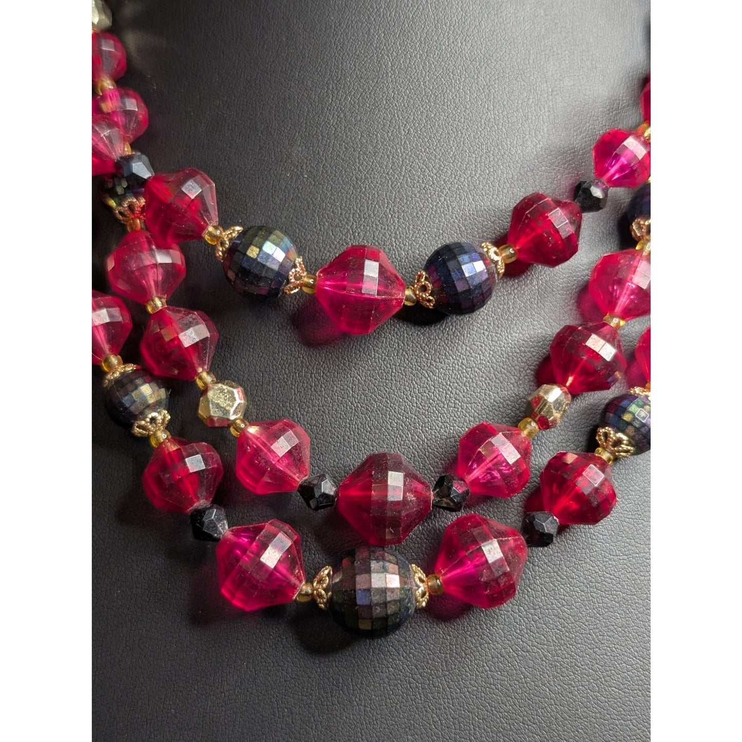 VTG Signed Western Germany Pink Gray Faceted Three Strand Acrylic Bead Necklace